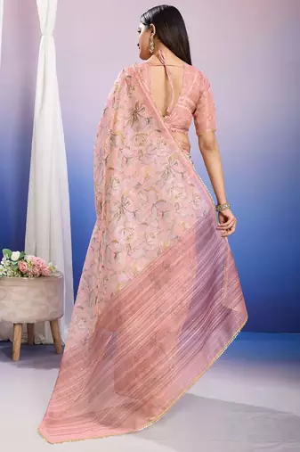 Pink floral sequinned organza ready to wear saree
