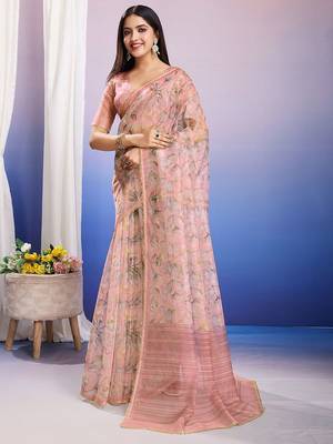 Pink floral sequinned organza ready to wear saree 3