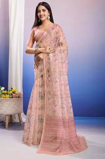 Pink floral sequinned organza ready to wear saree