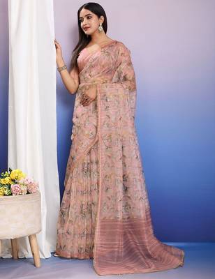 Pink floral sequinned organza ready to wear saree 4