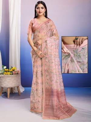 Pink floral sequinned organza ready to wear saree 5