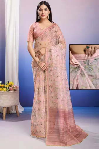 Pink floral sequinned organza ready to wear saree