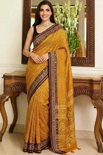 mustard ajrak block mirror work bandhani saree