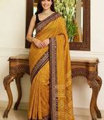 mustard ajrak block mirror work bandhani saree