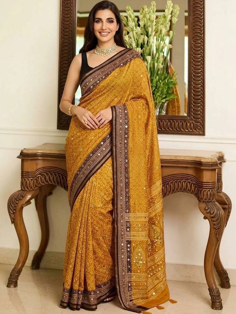 mustard ajrak block mirror work bandhani saree