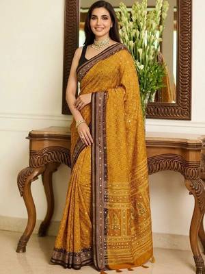 mustard ajrak block mirror work bandhani saree 2