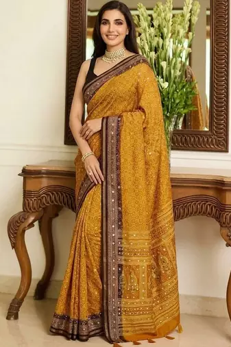mustard ajrak block mirror work bandhani saree