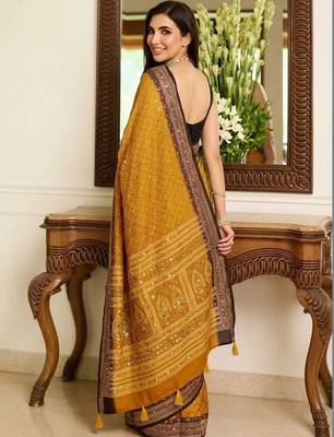 mustard ajrak block mirror work bandhani saree 3