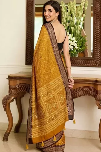 mustard ajrak block mirror work bandhani saree