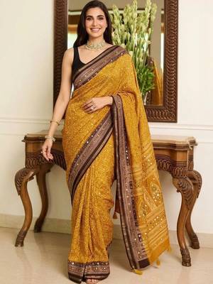 mustard ajrak block mirror work bandhani saree 4