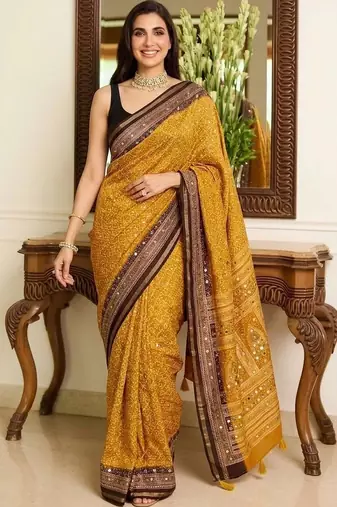 mustard ajrak block mirror work bandhani saree