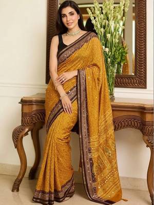 mustard ajrak block mirror work bandhani saree 5