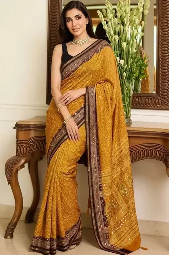 mustard ajrak block mirror work bandhani saree