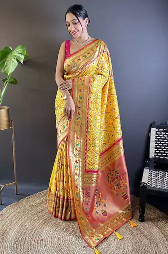 yellow woven design zari silk blend designer patola saree