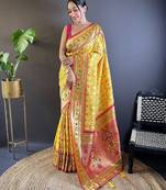 yellow woven design zari silk blend designer patola saree