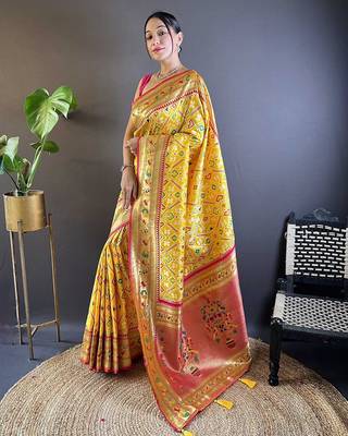 yellow woven design zari silk blend designer patola saree 2