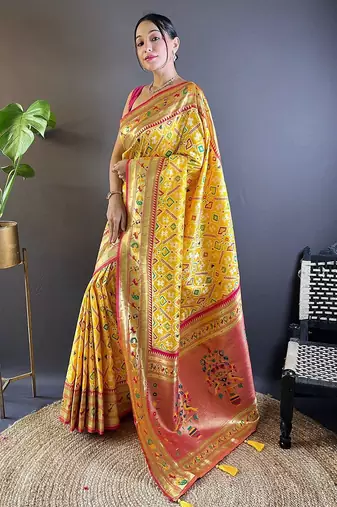 yellow woven design zari silk blend designer patola saree