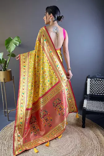 yellow woven design zari silk blend designer patola saree