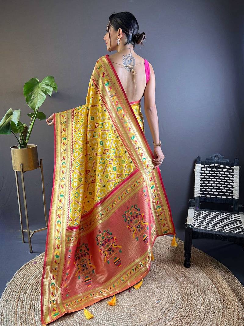 yellow woven design zari silk blend designer patola saree