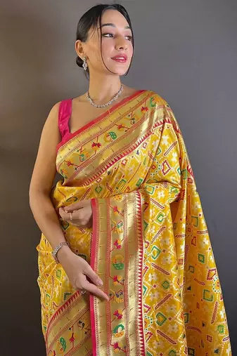 yellow woven design zari silk blend designer patola saree