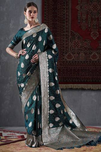 green ethnic motifs woven design satin banarasi saree