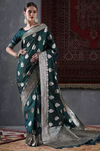 green ethnic motifs woven design satin banarasi saree