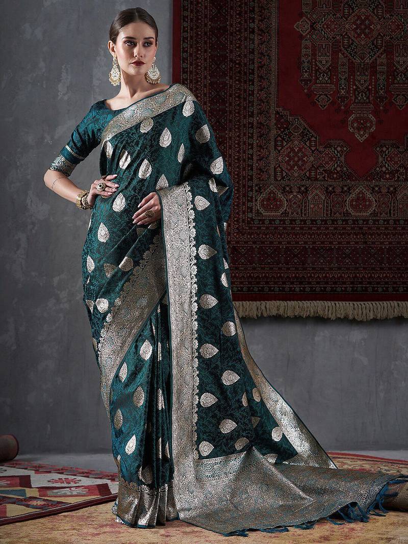 green ethnic motifs woven design satin banarasi saree