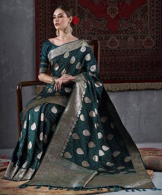 green ethnic motifs woven design satin banarasi saree 3