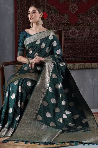 green ethnic motifs woven design satin banarasi saree