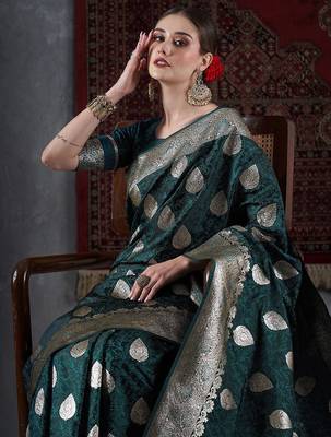 green ethnic motifs woven design satin banarasi saree 4
