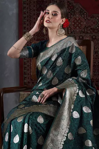 green ethnic motifs woven design satin banarasi saree