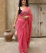 Pink embellished mirror work pure cotton saree