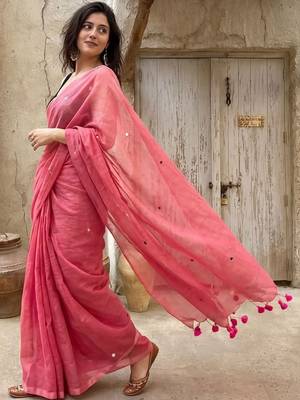 Pink embellished mirror work pure cotton saree 2