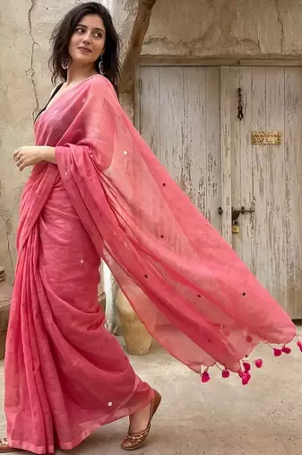 Pink embellished mirror work pure cotton saree
