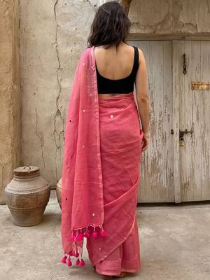Pink embellished mirror work pure cotton saree 4