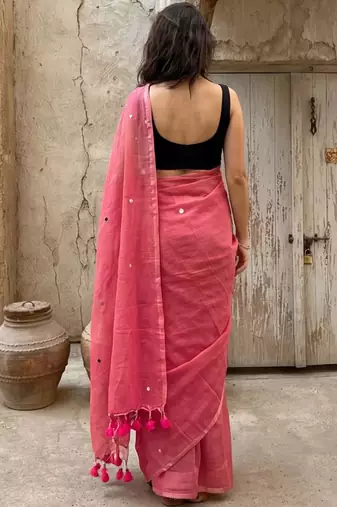 Pink embellished mirror work pure cotton saree