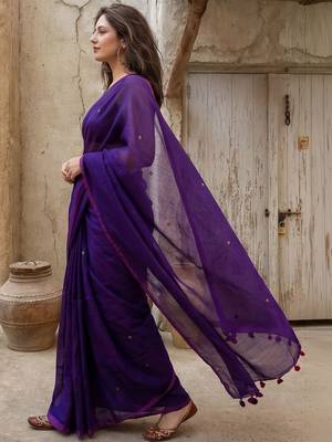 purple beads and stones pure cotton saree 2