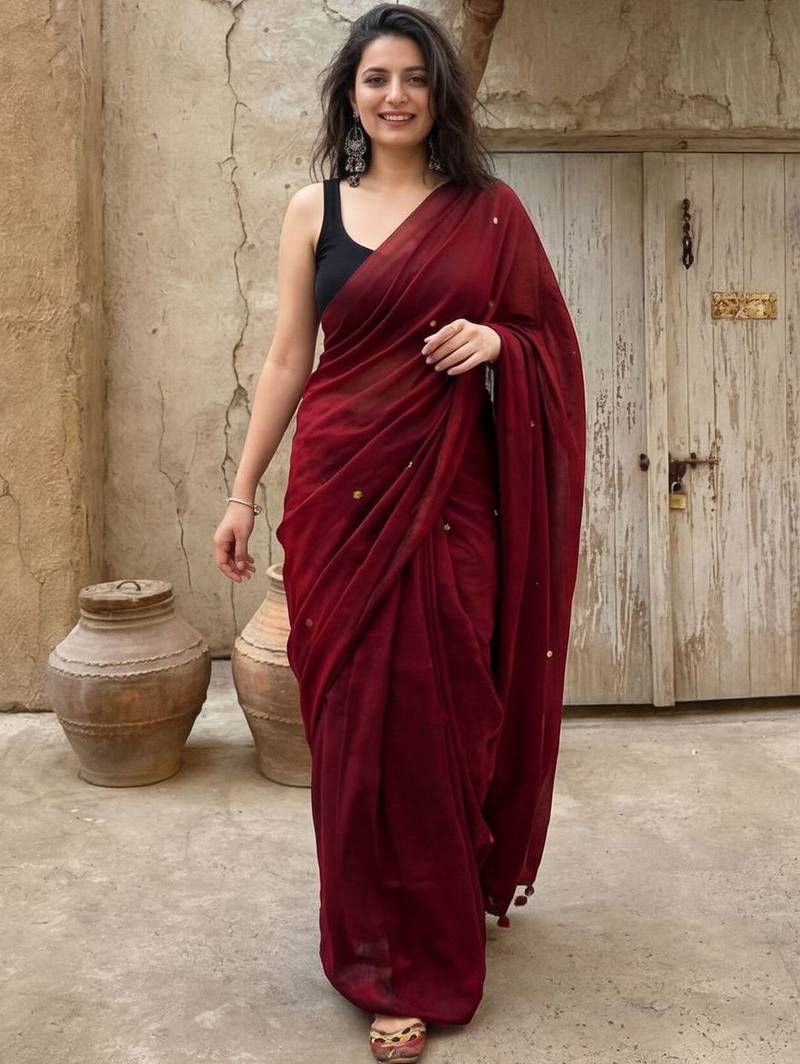 maroon floral woven design zari pure cotton saree