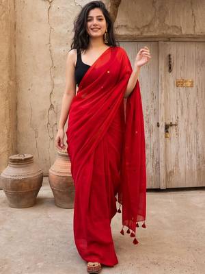 red embellished pure cotton saree 1