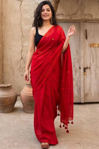 red embellished pure cotton saree