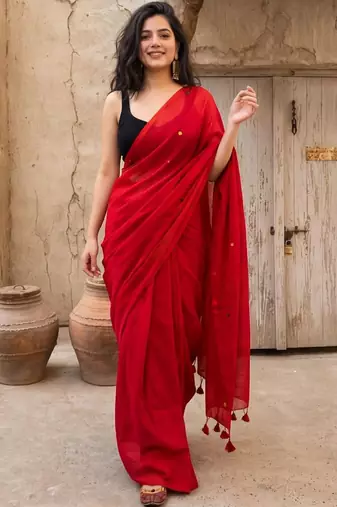 red embellished pure cotton saree
