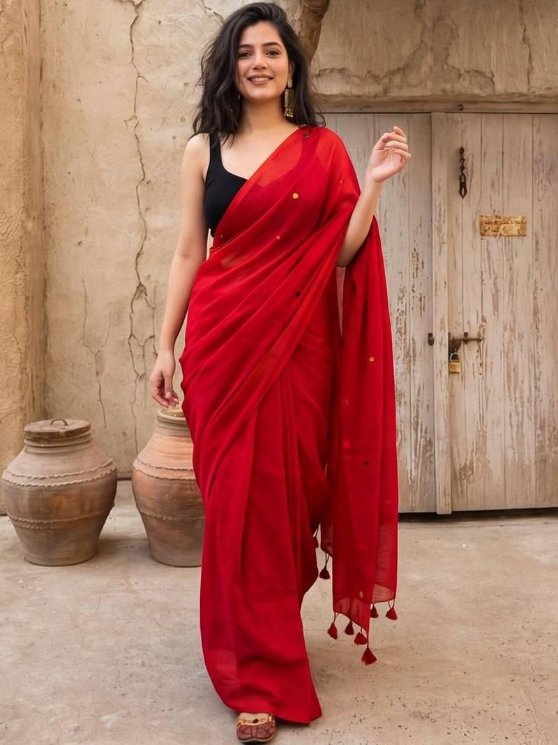 red embellished pure cotton saree