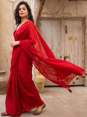 red embellished pure cotton saree 2