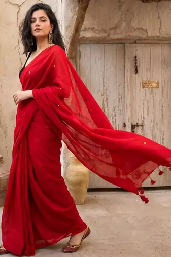 red embellished pure cotton saree