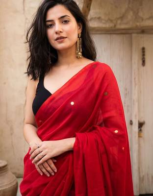red embellished pure cotton saree 3