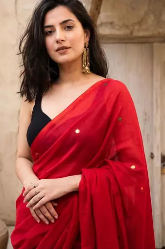 red embellished pure cotton saree