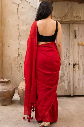 red embellished pure cotton saree