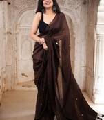 brown embellished beads and stones pure cotton dhoti saree