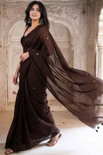 brown embellished beads and stones pure cotton dhoti saree