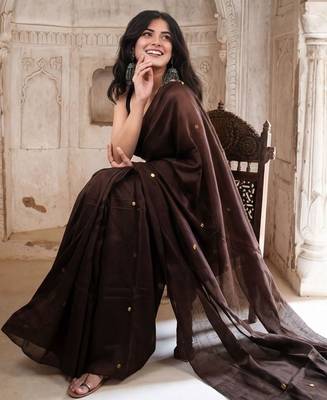 brown embellished beads and stones pure cotton dhoti saree 3